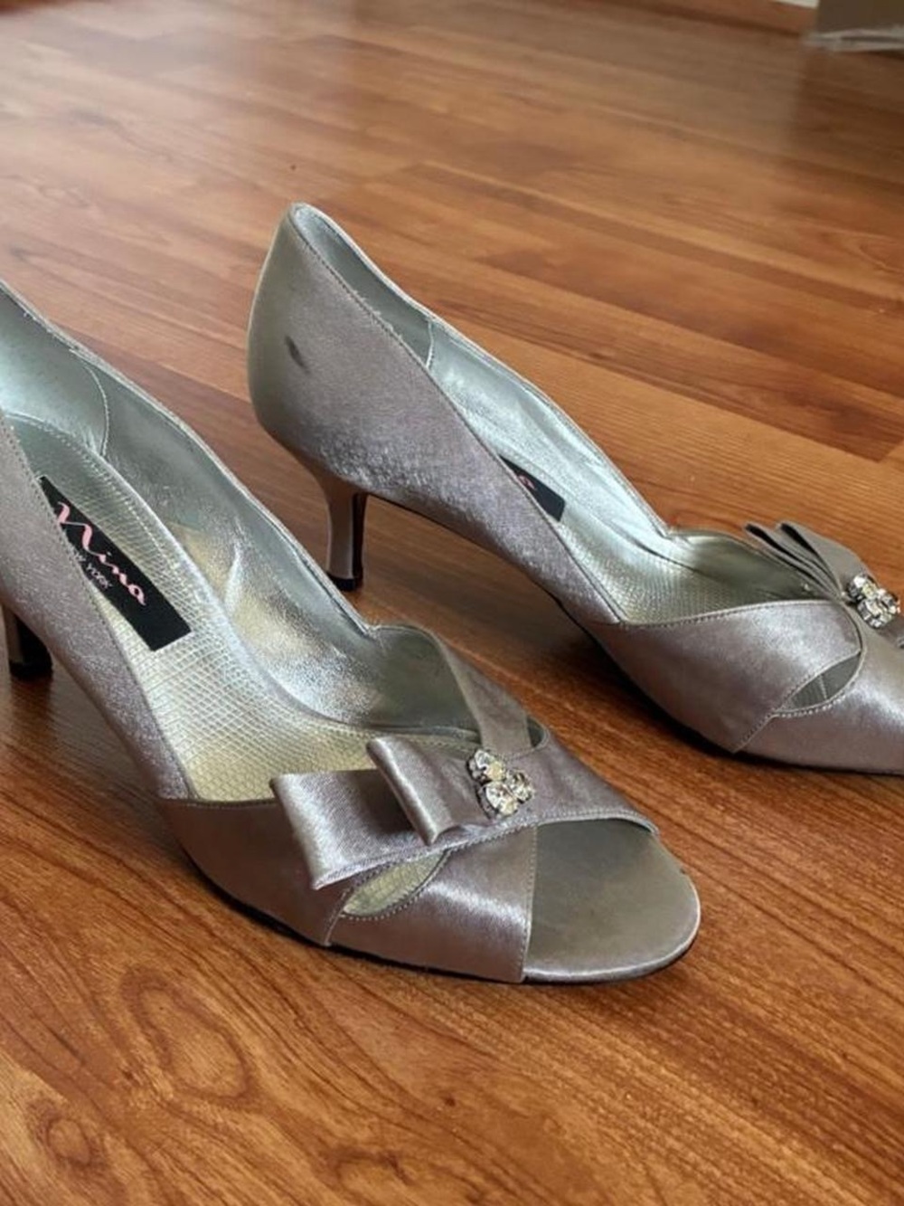 Nina Silver Satin Open-Toe Kitten Heels with Bow and Crystal Accent